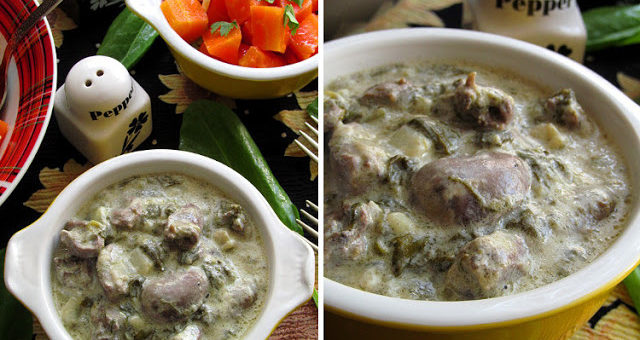 Куриные сердечки тушеные с щавелем в сливках