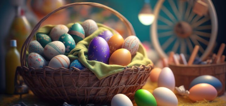 пасхальная корзина с цветными яйцами